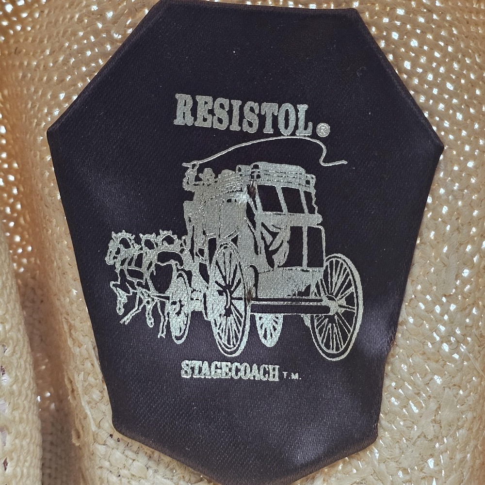 Resistol Stagecoach Hat Cowboy Fitted Mens 7 5/8 Beige Straw Feather Western - Picture 9 of 12